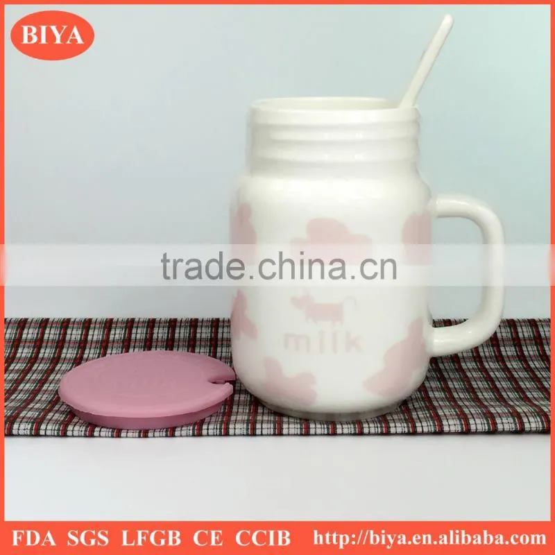 milk mug for kid breakfast mug with silicone lid and ceramic spoon for wholesale with logo decal print and handle