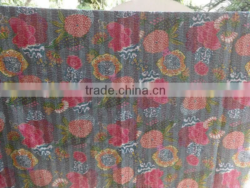 Tropical Kantha Handmade Quilt, Queen Size Reversible Kantha Bedding, Handstiched By Artisians of India, Hand Art Kantha Work