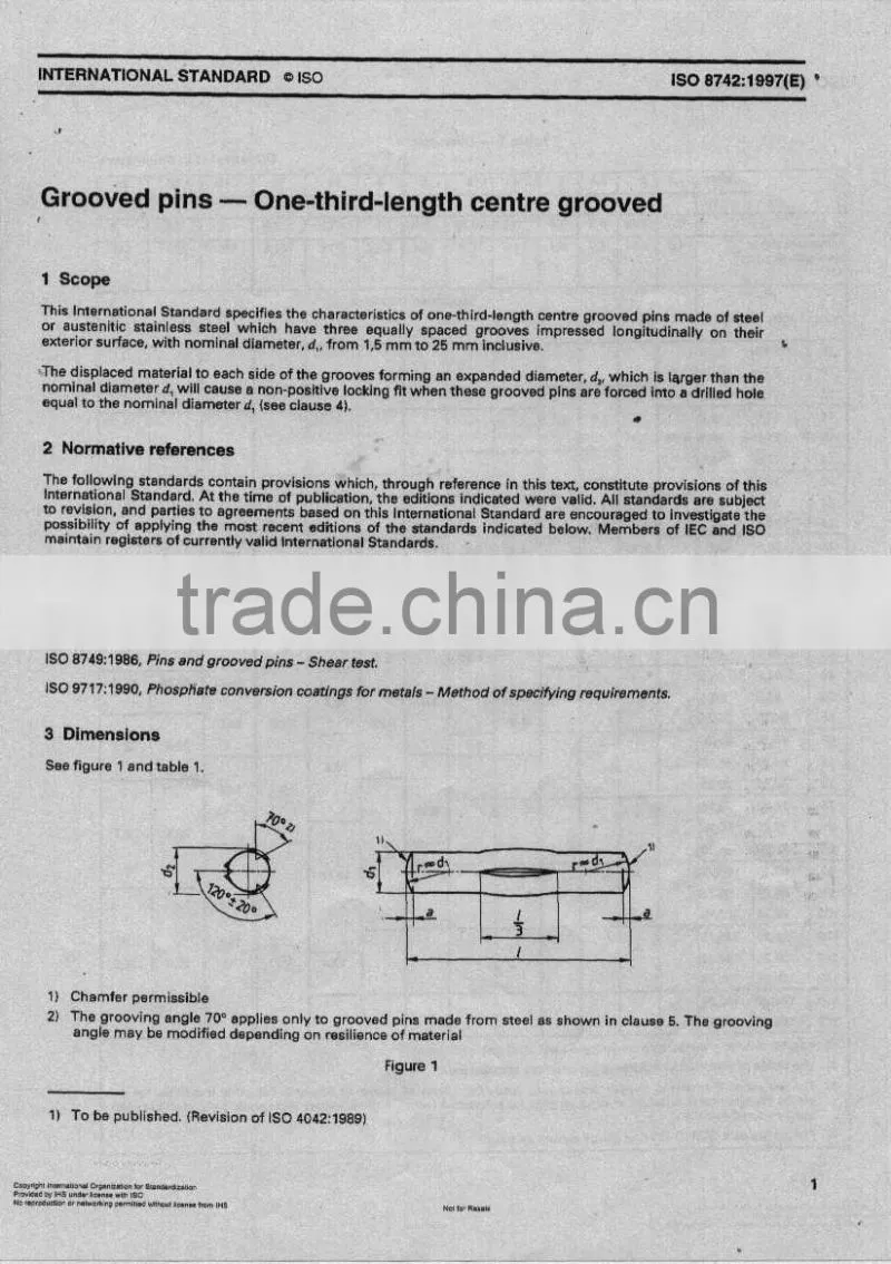 Grooved pins, one third length third center grooved ISO8742/DIN1475