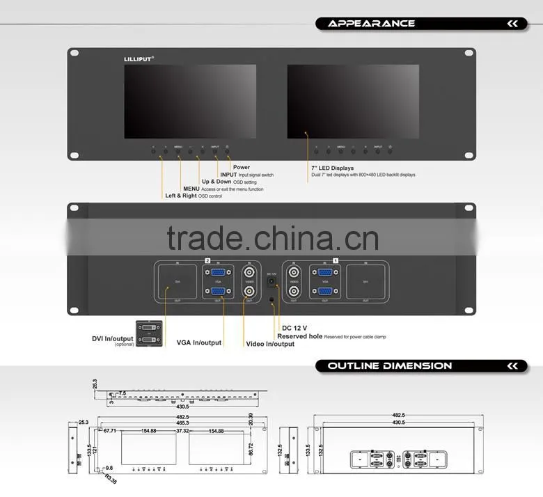 Lilliput 3U Dual VGA Rackmount Monitors Dual 7" LED backlit Panel
