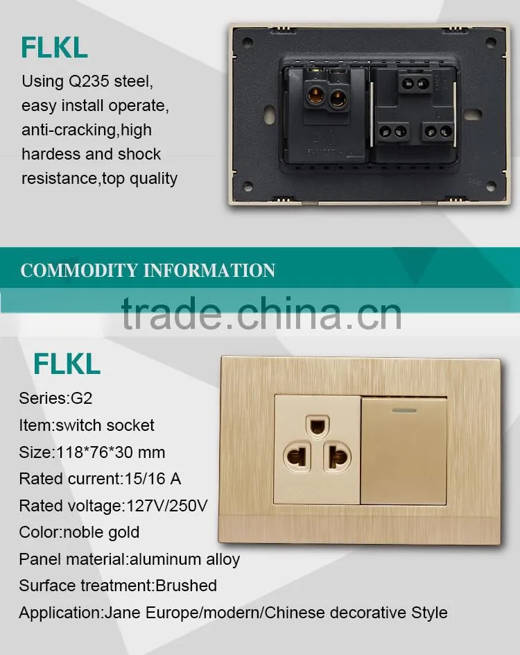 American Standard fashion 1 gang noble gold switch 3 pin wall power electrical switch socket