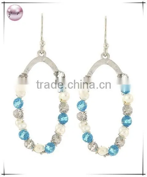 Rhodiumized Blue Glass Crystal & Cream Synthetic Pearl Fish Hook Oval Dangle Earring Set