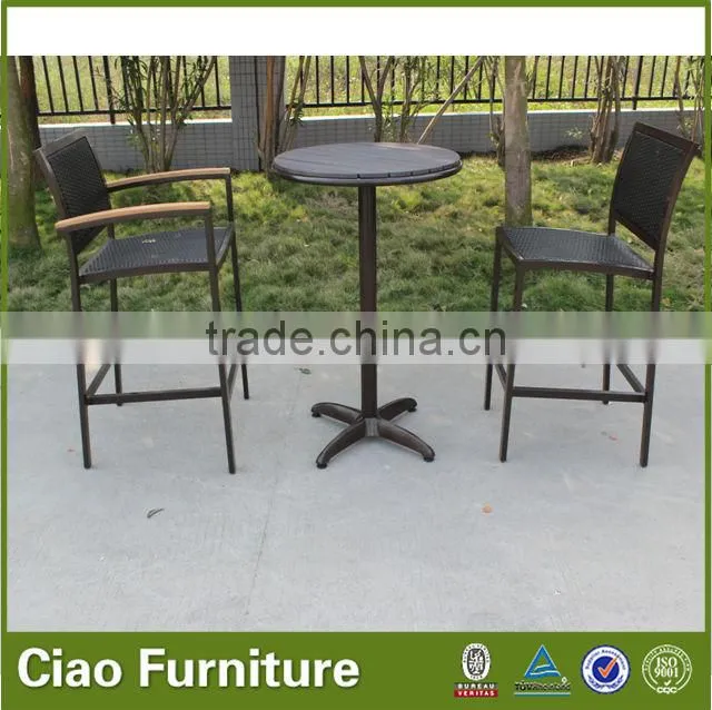 outdoor pe rattan bar furniture with teak wood arm