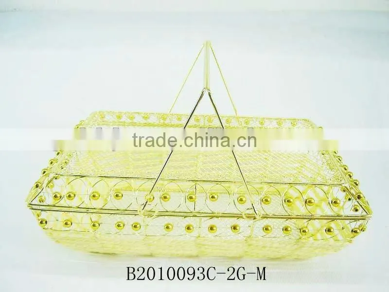 Golden metal wire and paper rope rectangle fruit storage basketry