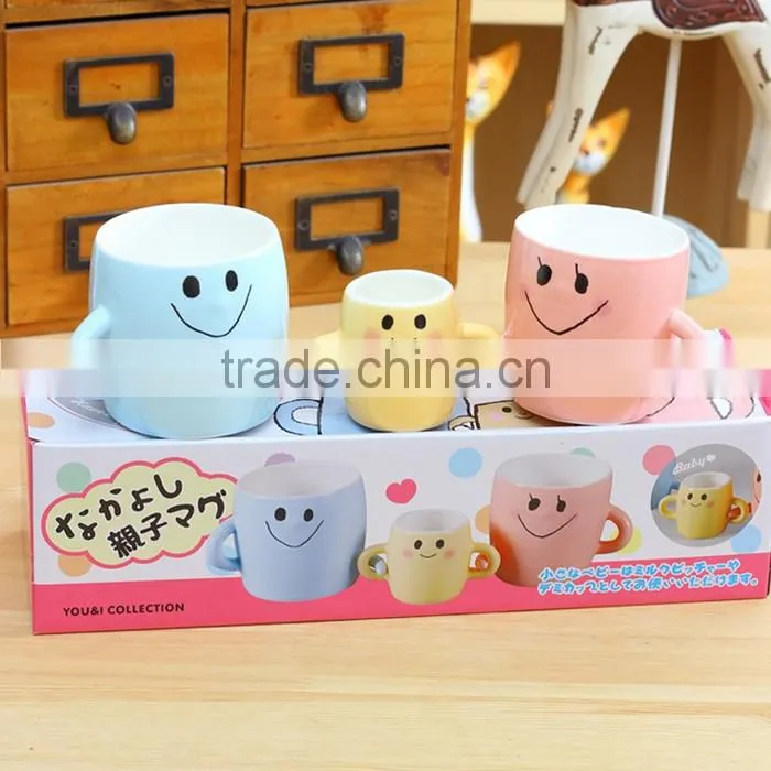 UCHOME Large Parent-child Cup Three Lovely Smiling Face Ceramic Mugs