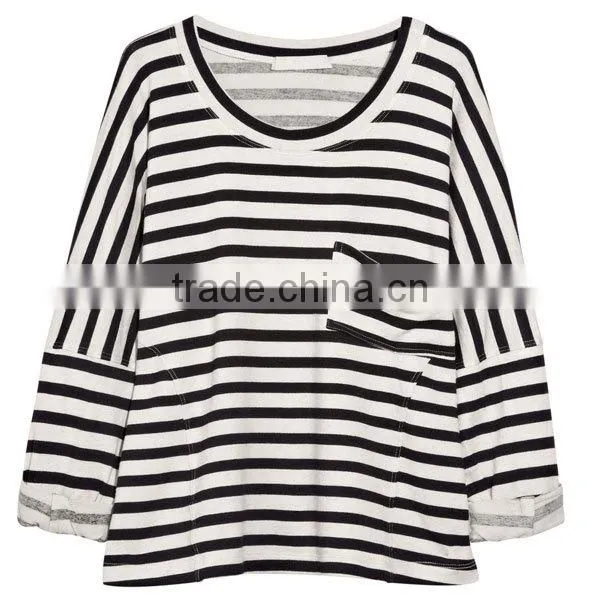 Shenzhen Winner clothing fashion knitting3/4 sleeve black white stipe t-shirt manufacturer