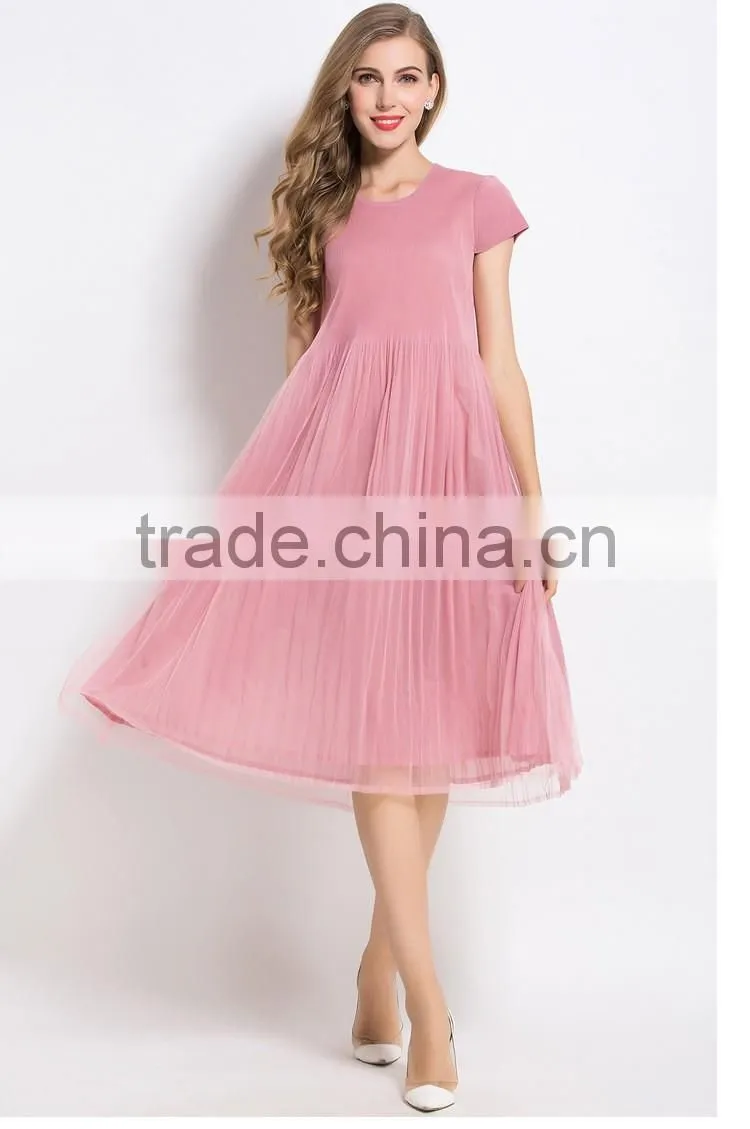 Plain solid color woman knee length folding dress with mesh
