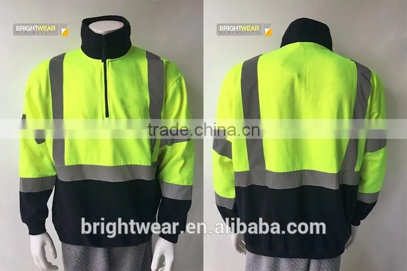 Two tone hi vis safety sweatshirt with reflective tape and half zipper