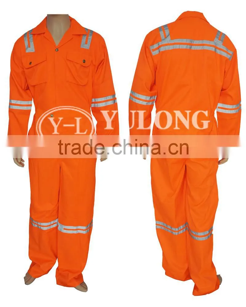 alibaba wholesale cotton/poly fluorescent EN20471 reflective color high visibility orange coveralls with fireproof