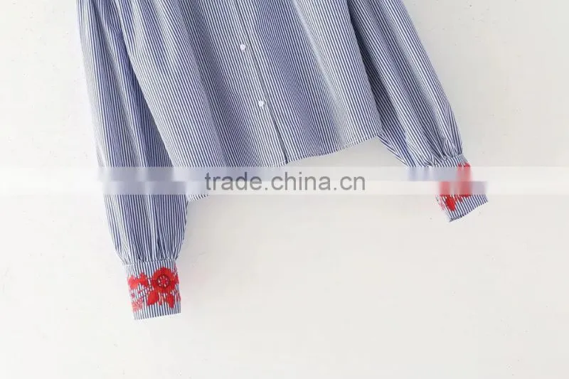 High quality Womens 100% Cotton Long sleeve Embroidery Strip Shirt