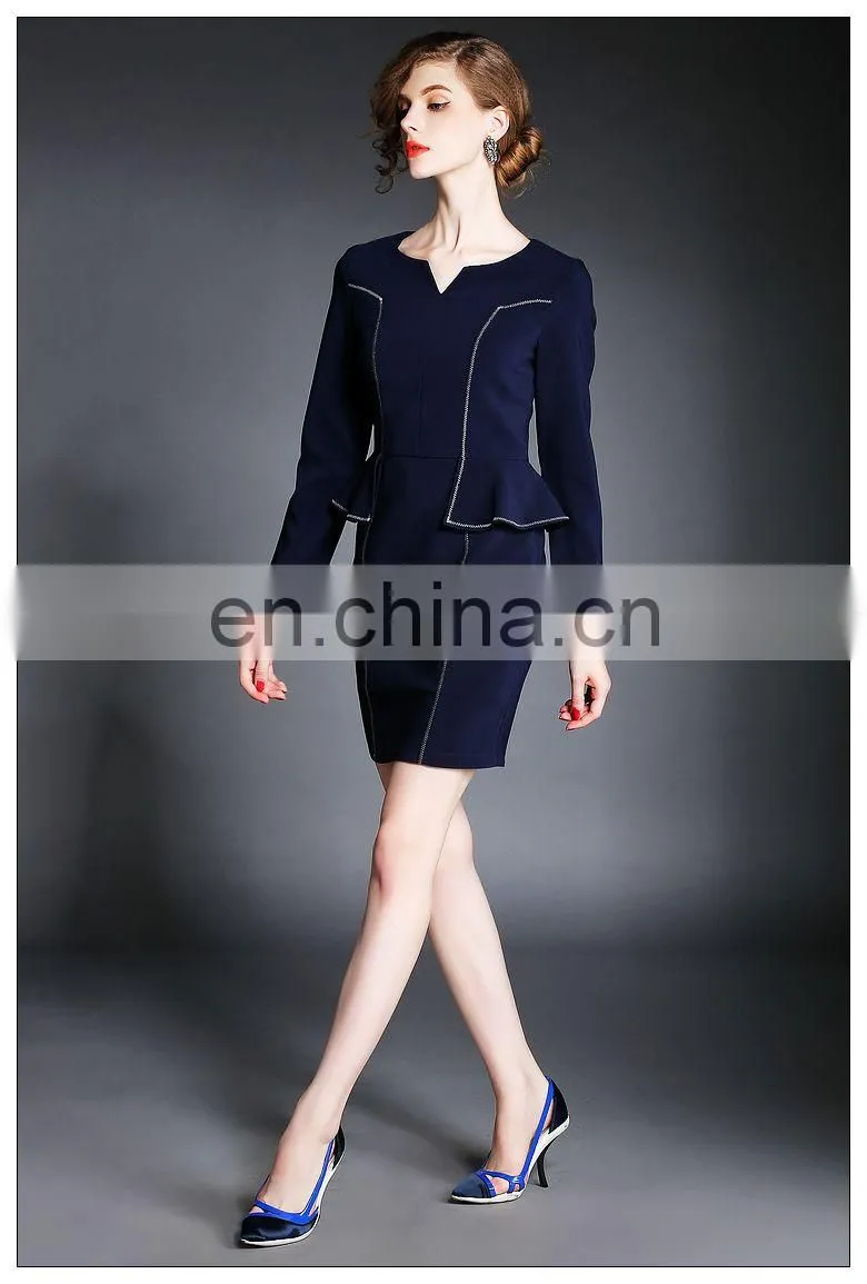Ladies high quality navy dress above knee, peplum waist dress for fall