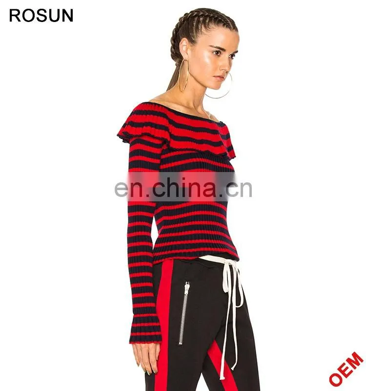 Fashion Red and White Strips off Shoulder Knit Sweater Top