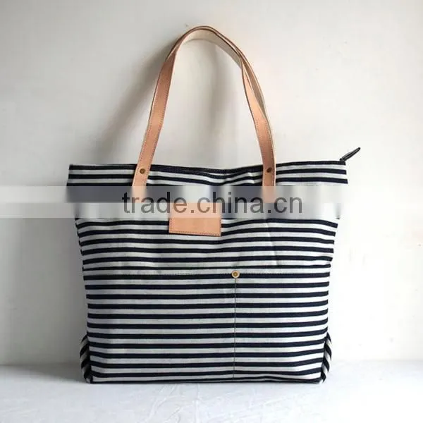 Navy Stripe Stylish Denim Bag Denim Tote Bag With Leather Trim