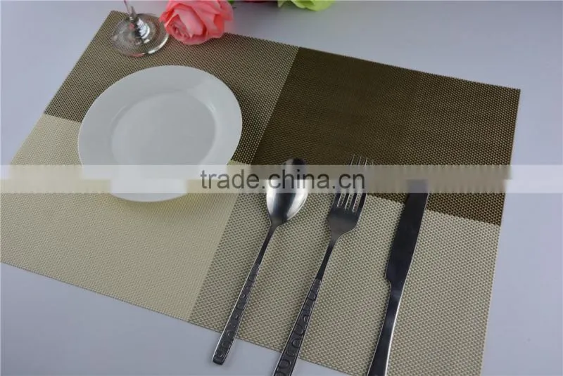 2015 New Arrival Gold Color Home Kitchen Dining Placemat Fashion Adiabatic PVC Strip Weave Table Mat