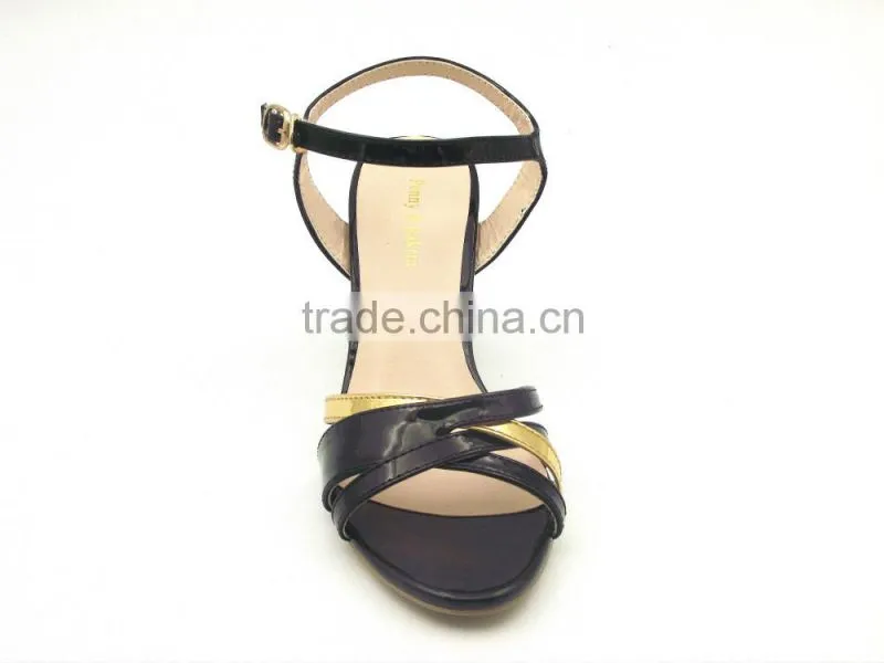 color matching thick heel italian leather Middle heel sandals ladies gold with black