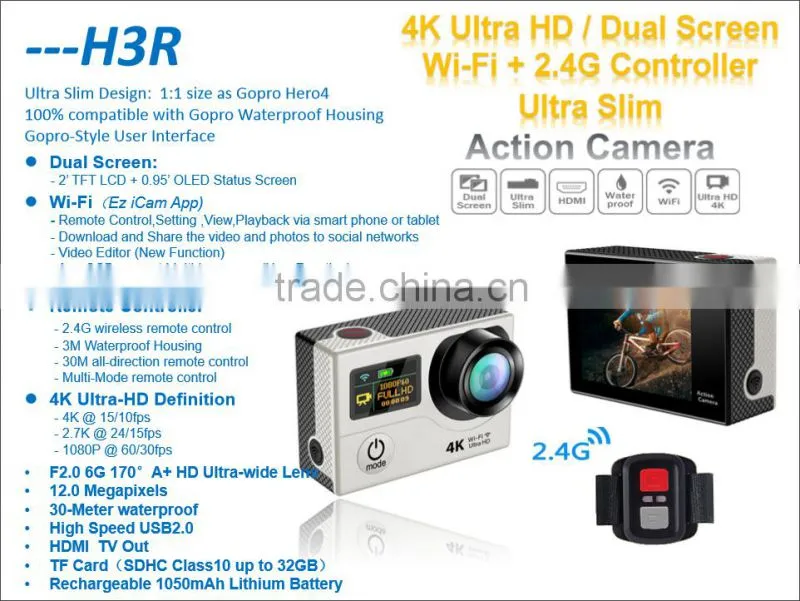 2016 new cam dual screen 4k video wifi remote control eken H3R 4k action camera