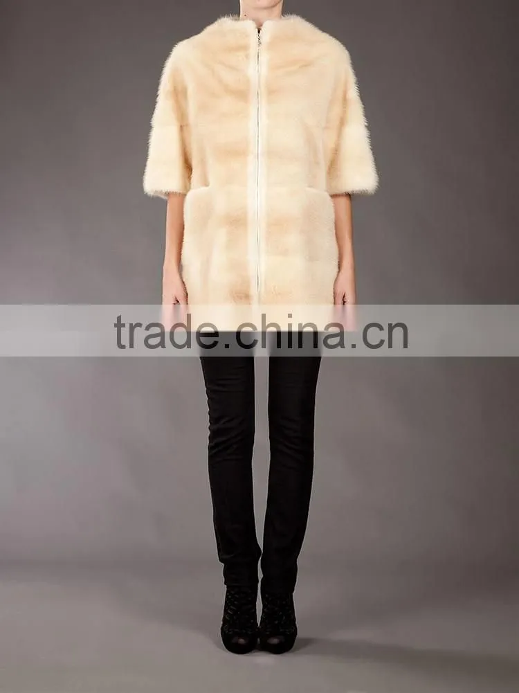 OEM white lady real round collar zipper seven sleeve fox fur coat for women