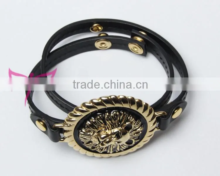 Gold/Black Lion head leather Button Bracelet