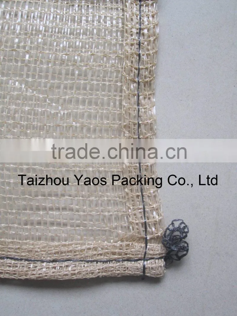beige firewood bag PP leno mesh bag plastic plain mesh bag vegetable drawstring bag