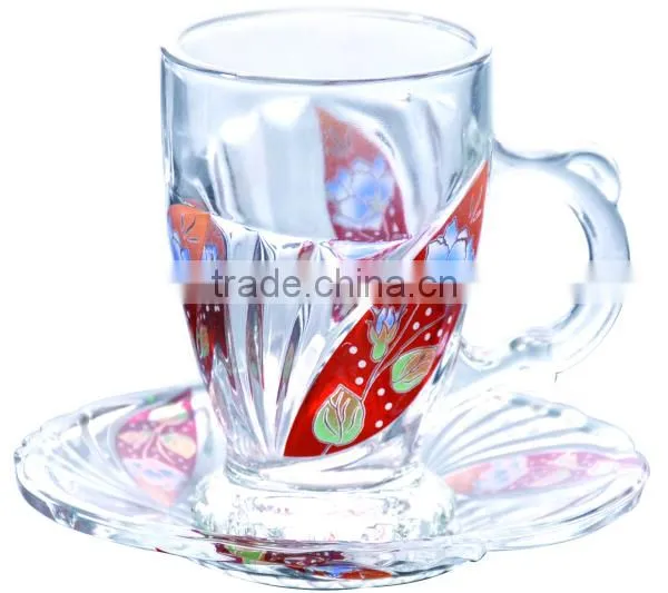 Beautiful decal glass tea cup saucer set
