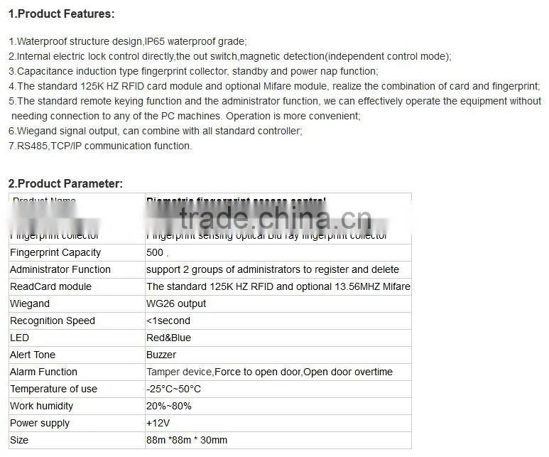 Professional wiegand rfid reader access control biometric fingerprint access control