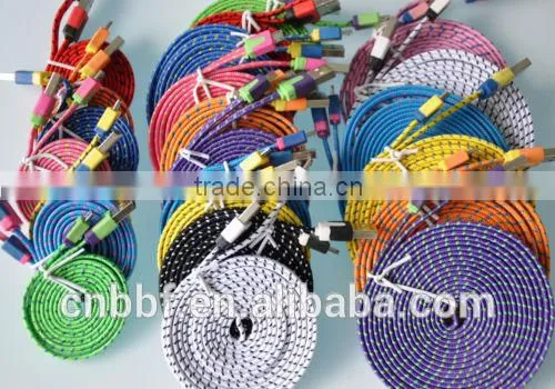 MICRO USB woven flat noodle Fabric Braided Data Sync Charge Cable for galaxy s3 s4