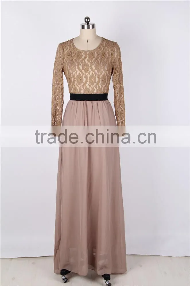 2016 New arrival full length long sleeve metallic lace maxi dress for wholesale
