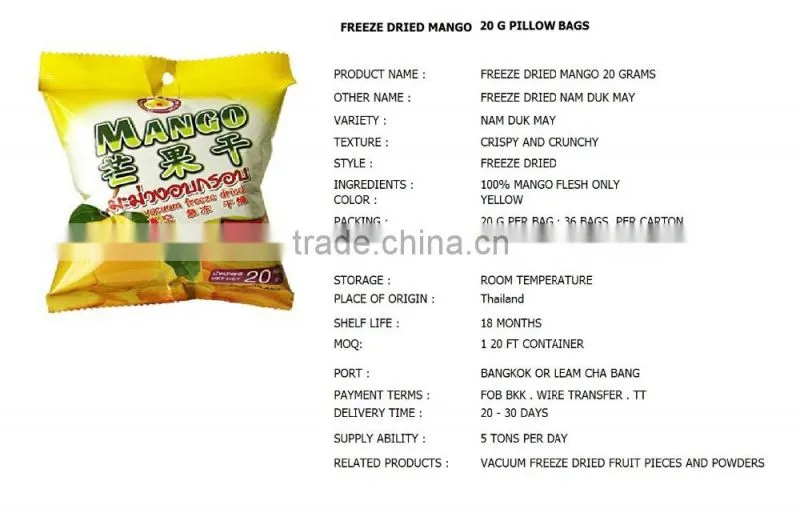 Freeze dried Mango 20 g fruit snack HACCP , ISO 22000, GMP, HALAL, KOSHER certified