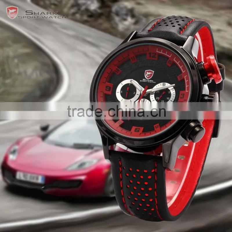 SHARK Date Day Display Stainless Steel Case Genuine Leather Strap Black Red Quartz Men's Sports Watch