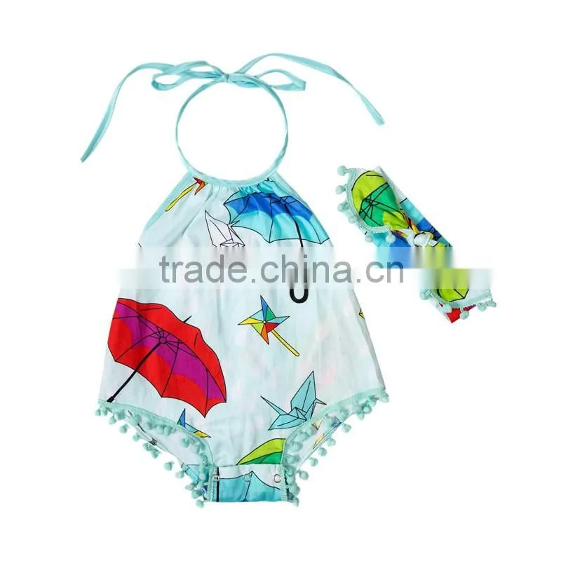 Baby Romper With Pompom And Headband.Summer Children Clothes.Floral Decoration.