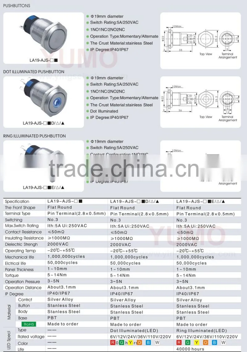 LA19-AJS 19mm 250VA C Led medical treatment elevator equipment pushbutton micro switch waterproof Metal push button