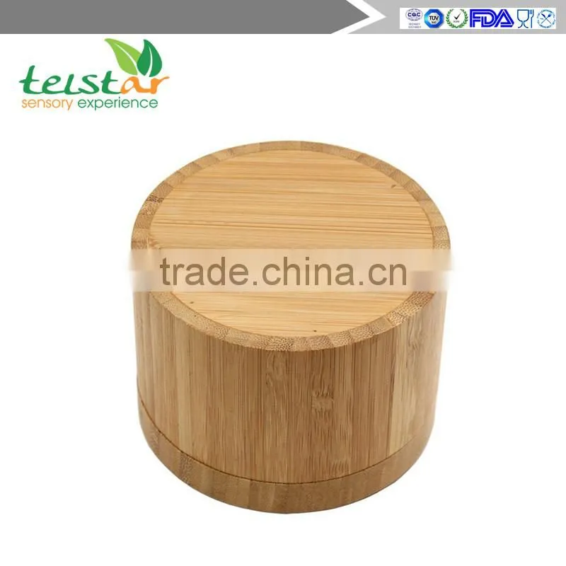 Round Bamboo Salt Box with Magnetic Closure is Eco-Friendly, 100% Organic bamboo, Professional-Grade, salt and pepper shaker