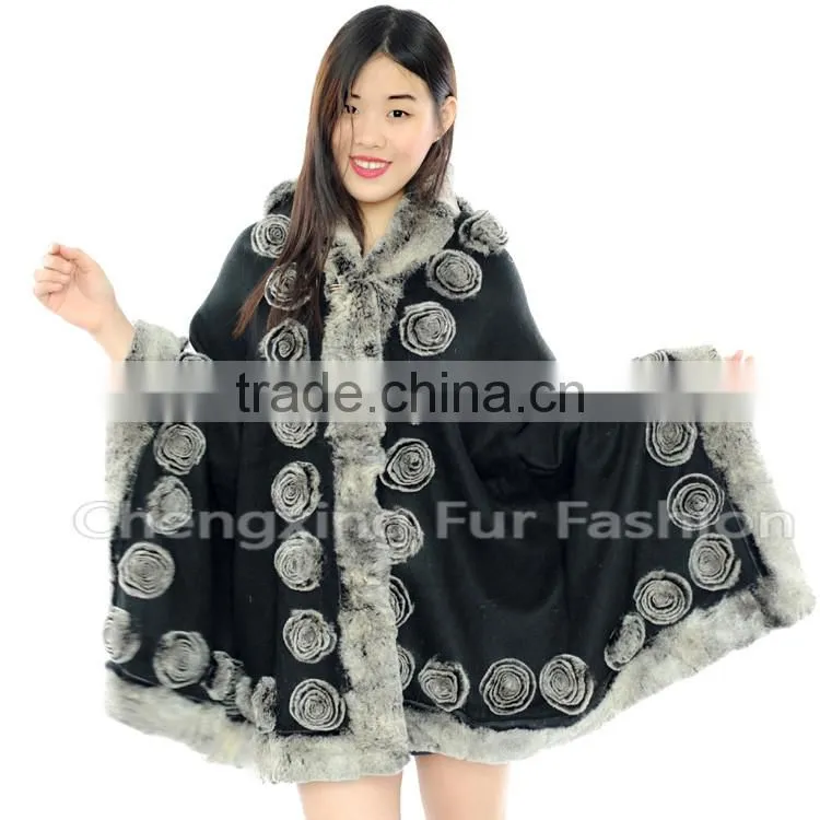 CX-B-P-40E Rostte Ladies Genuine Rex Rabbit Fur Trimmed Pashmina Shawls