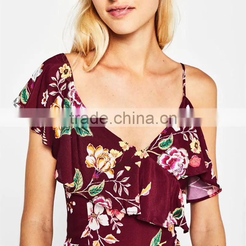 2017 Hot sale woman floral printed, sexy irregular sleeve jumpsuits