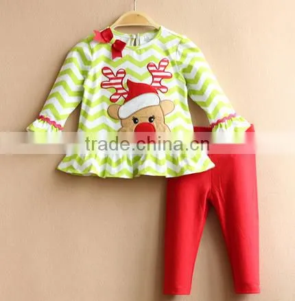 Girls clothing wholesale Latest professional design for Girl Christmas green striped embroidered reindeer set