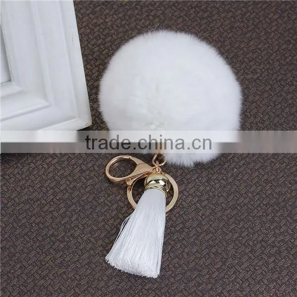 Cheap Wholesale gold Plated White Angora Pom Pom Ball Rayon Tassel Keychain
