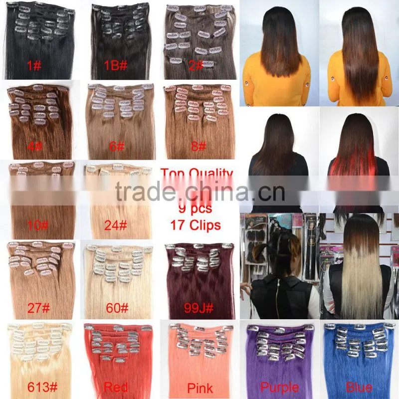 Wholesale European Market Cheap Hair Extensions Clip In Full Head, 100% Human Brazilian Virgin Hair Natural Color
