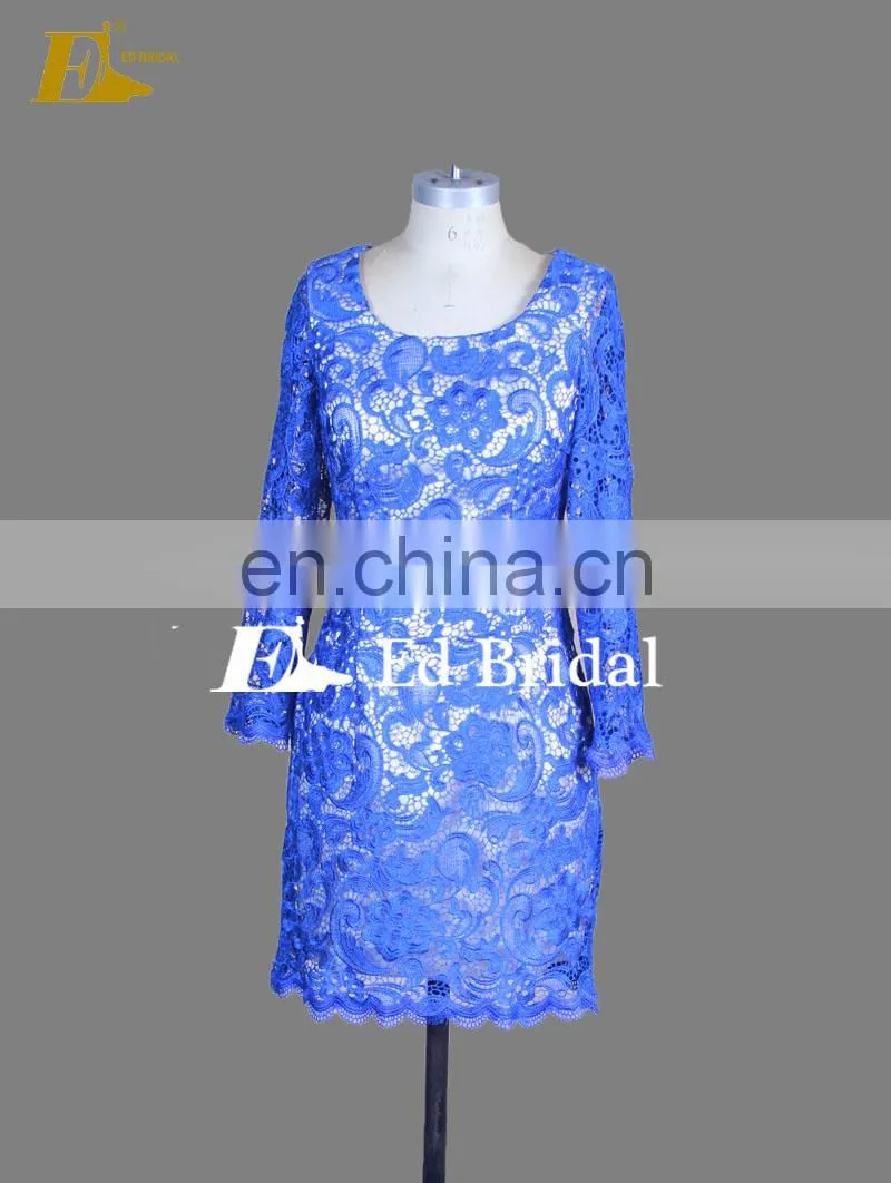 Cheap Royal Blue Scoop Neckline Knee Length Short Lace Pattern Evening Dress Long Sleeve