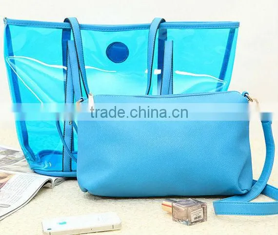 Transparent style 2 in One Women Leather Bags Handbag Clutch Tote Shoulder Bag . PVC beach bags orange
