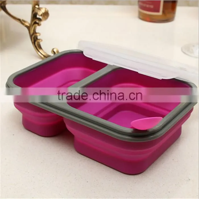Microwavable collapsible Foldable Silicon Lunch Tray with Lid Portable silicone folding lunch box
