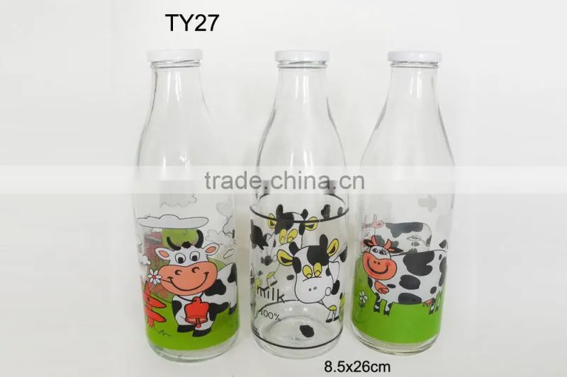 1L glass milk bottle with decal printing and twist off metal cap