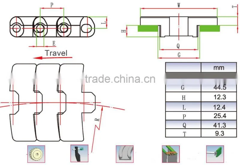 1050-K325 plastic belt turning heavy duty flat top chains