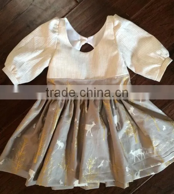 2017 Girls Christmas Reindeer Holiday Dress Stripe Woven Cotton Printed Dress