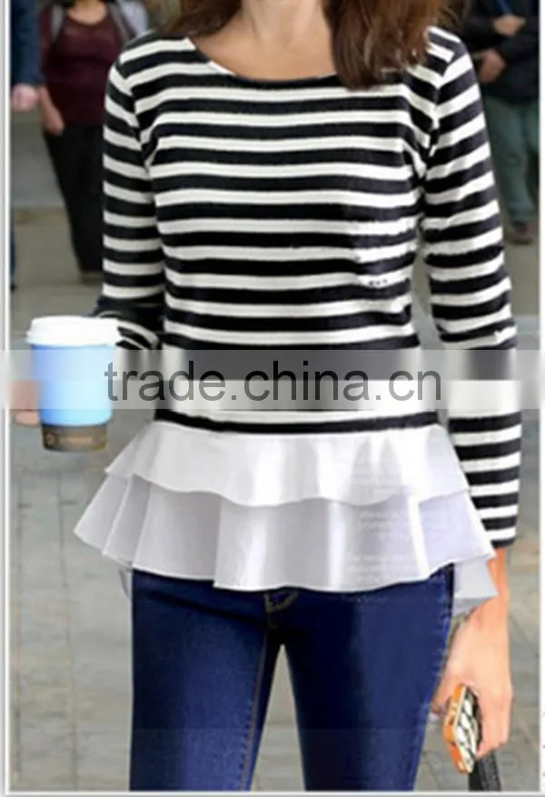 Autumn latest design round neck ivory long sleeve chiffon stitching knitting striped printing t shirt design