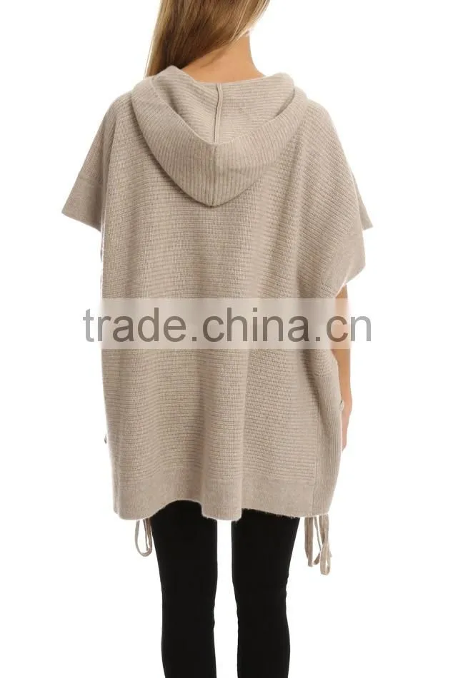 Oversized Half Sleeve Sweater Women with Hood and Drawstring Along the Side