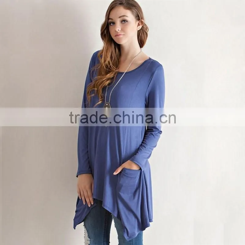 Newest design fashion long sleeve pure color round neck loose blouse for wholesale 2017
