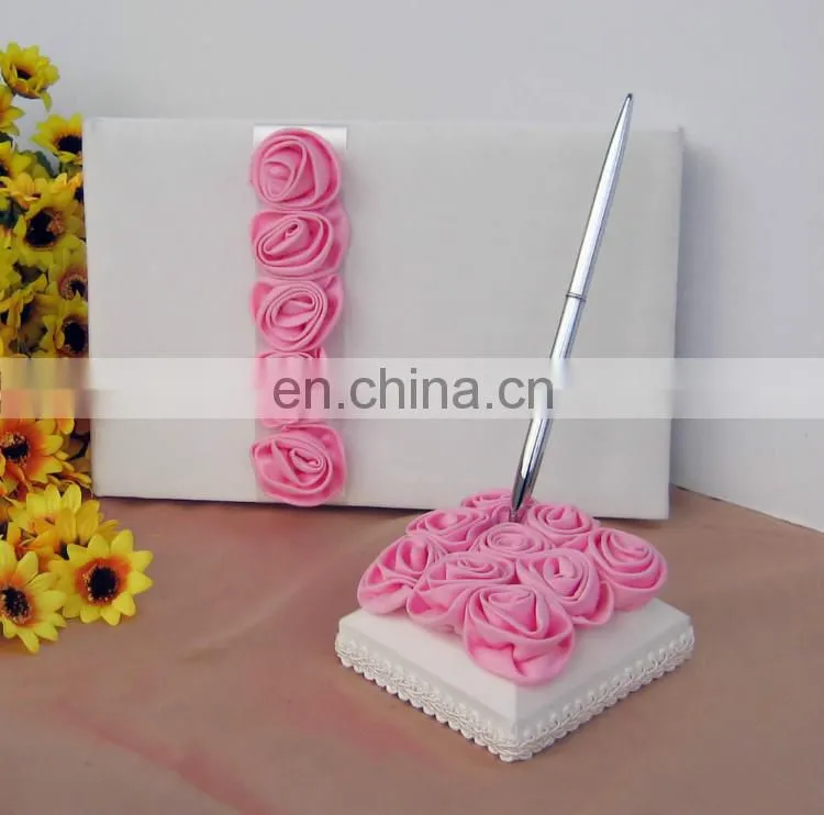 White guest book /pen holder/ring pillow/flower basket set with Pink rose decoration wedding favor dropship supplier