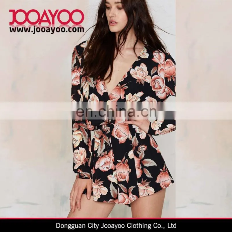 Women Floral Print Romper Suits Long Sleeve Rose Print Jumpsuit short