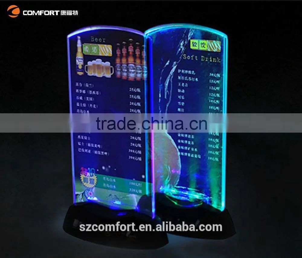 Customized vertical double sided stand up clear LED table tent menu holder manufacturer