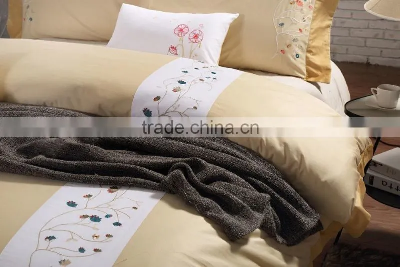 Classic golden 100% cotton hotel bedlinen flower embroidery bed sheet set 500TC wholesale bedding set